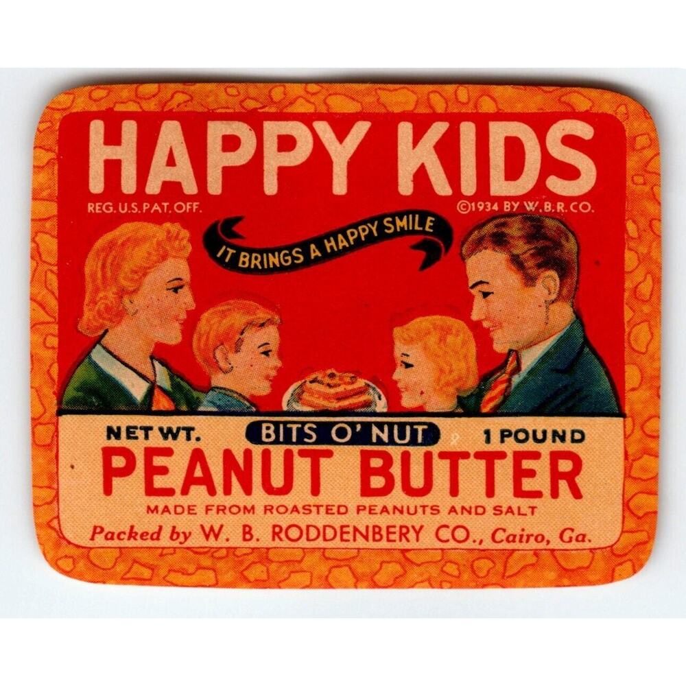 Happy Kids Peanut Butter Vintage Jar Label 1940s Boy Girl Mom Dad Bits O Nut